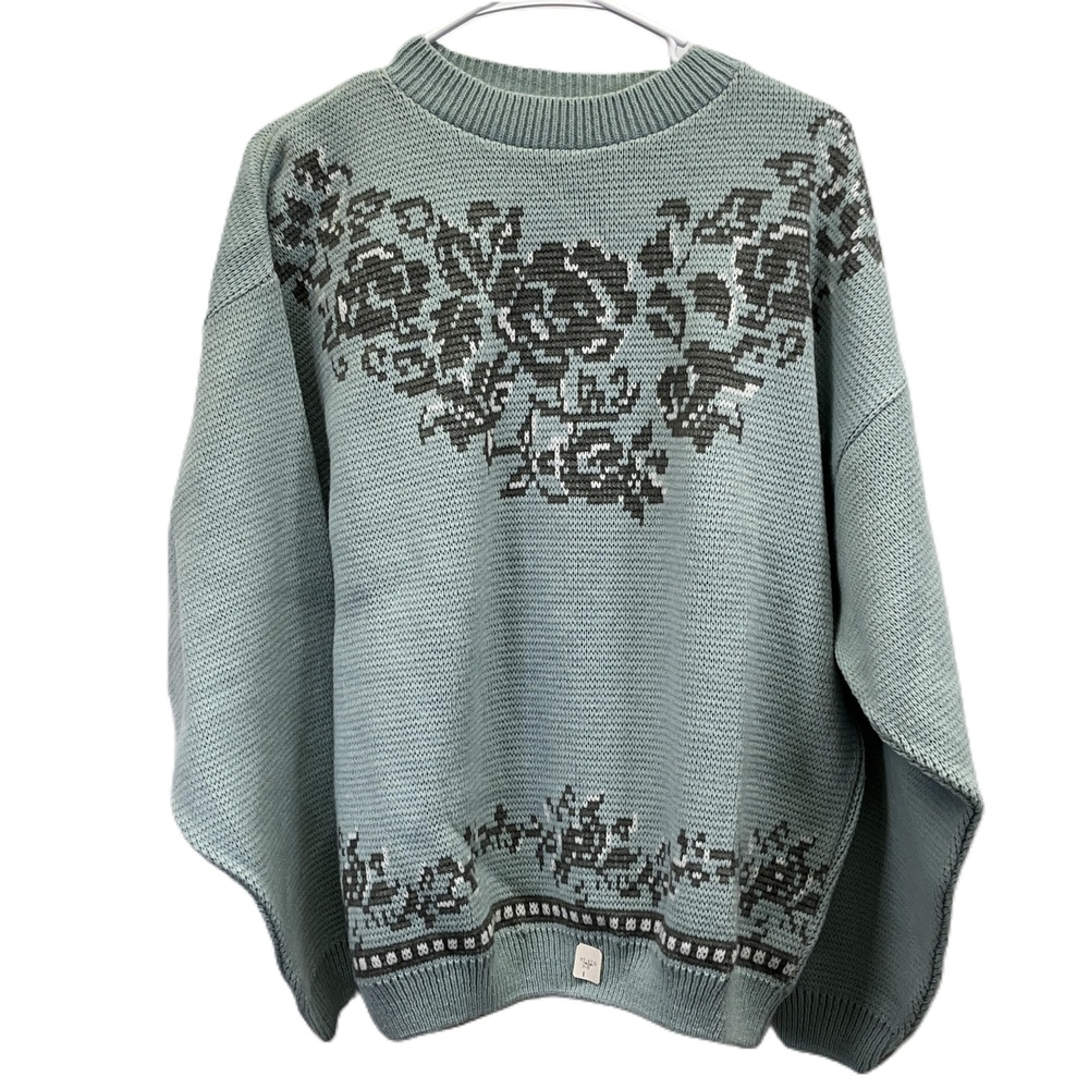 Vintage Rare 80s Together NWT Mint Green/Gray Geometric Rose‎ Sweater Large